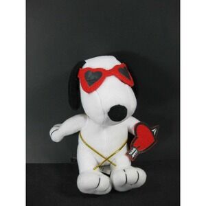 SNOOPY VALENTINES Sitting w/ Heart Glasses Bow‎ Arrow Heart Plush Stuffed 7" Toy
